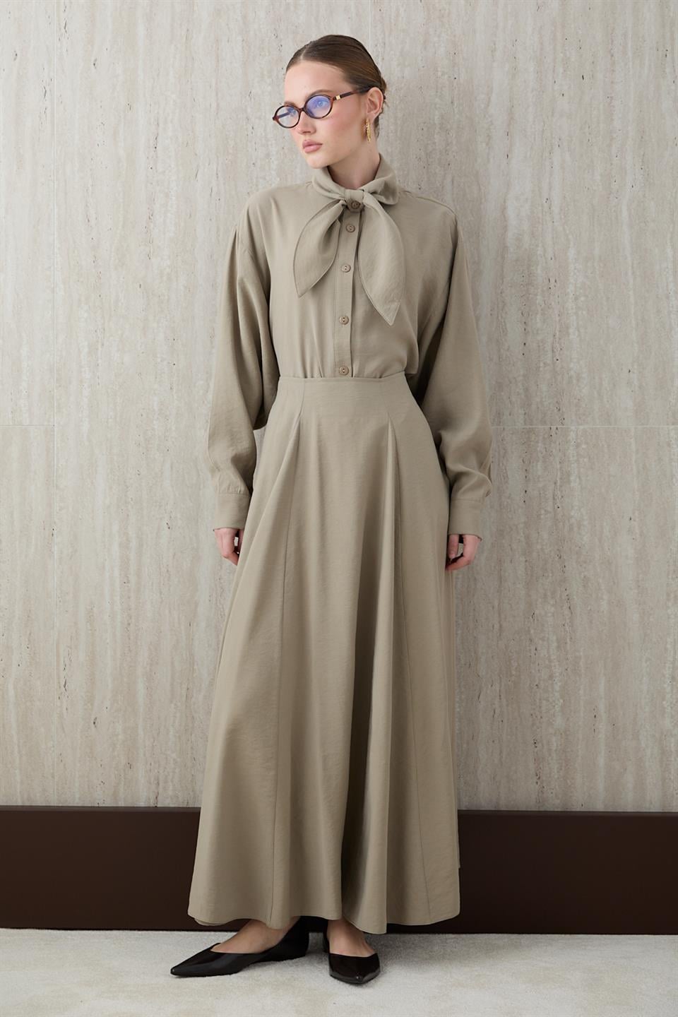 Fular Bağlamalı Modal Etekli Takım - Taş