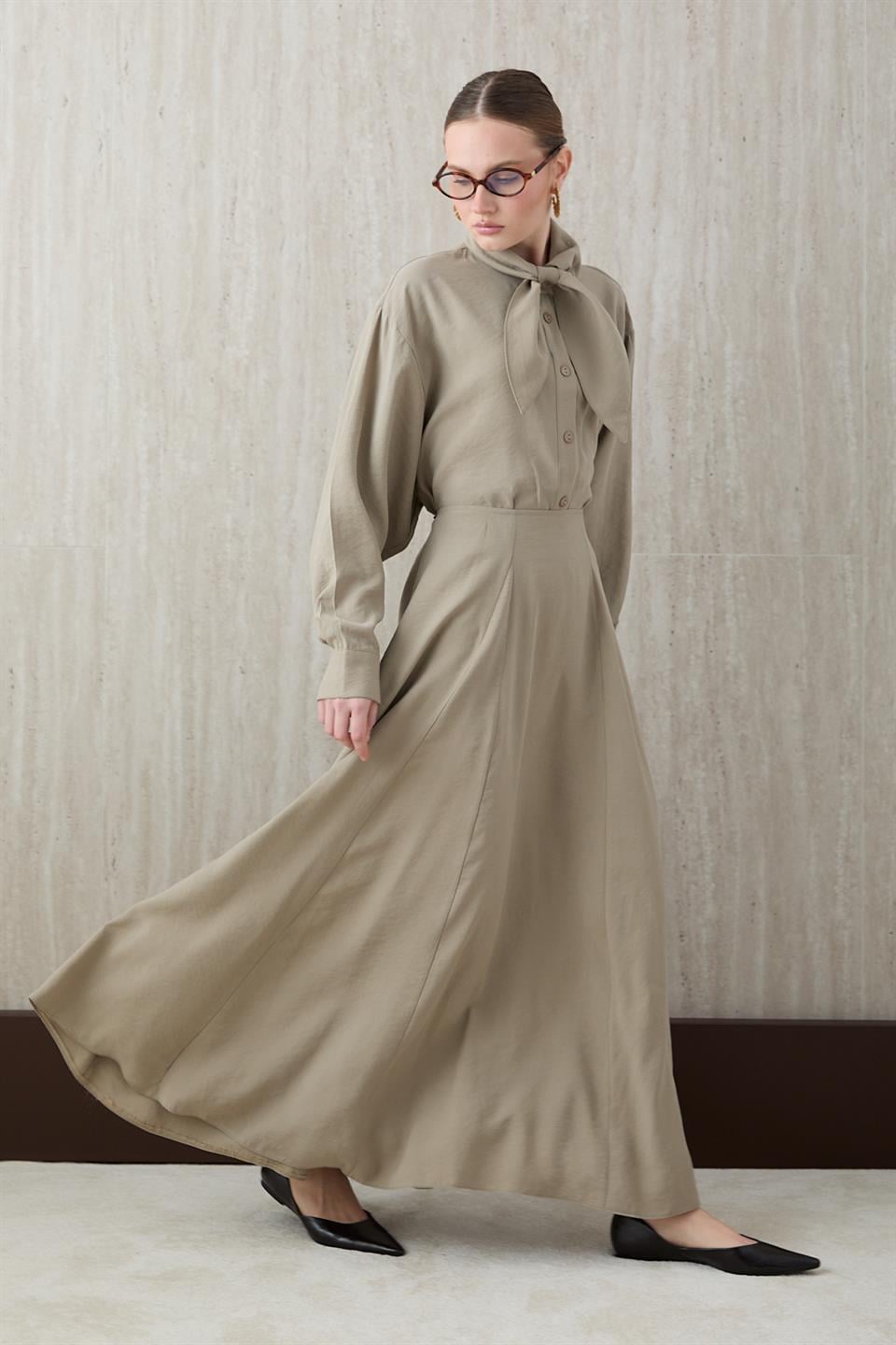 Fular Bağlamalı Modal Etekli Takım - Taş