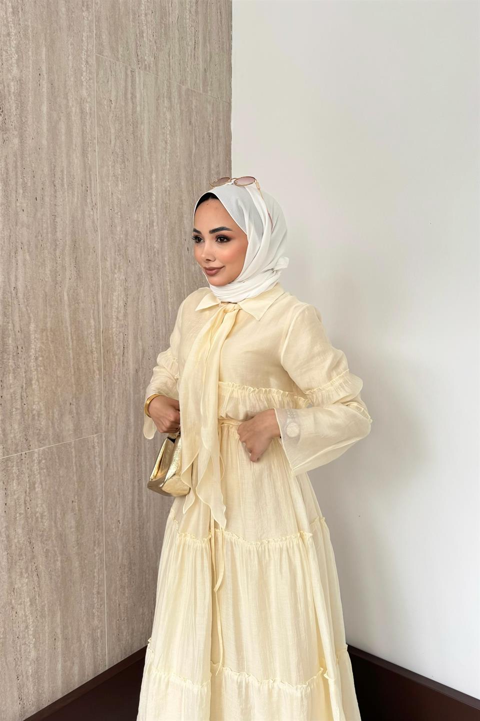 Fular Bağlamalı Vual Elbise - Bej