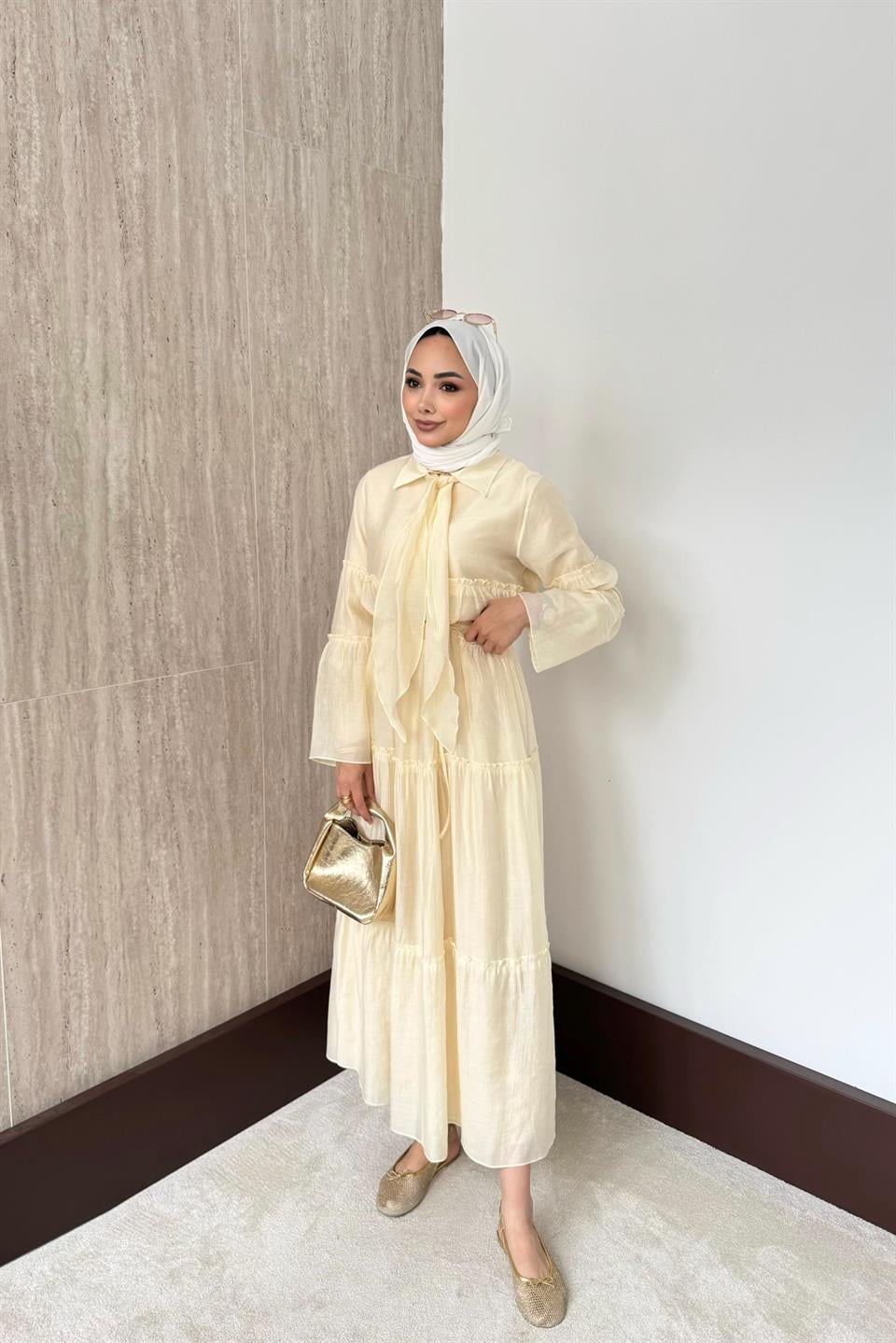 Fular Bağlamalı Vual Elbise - Bej