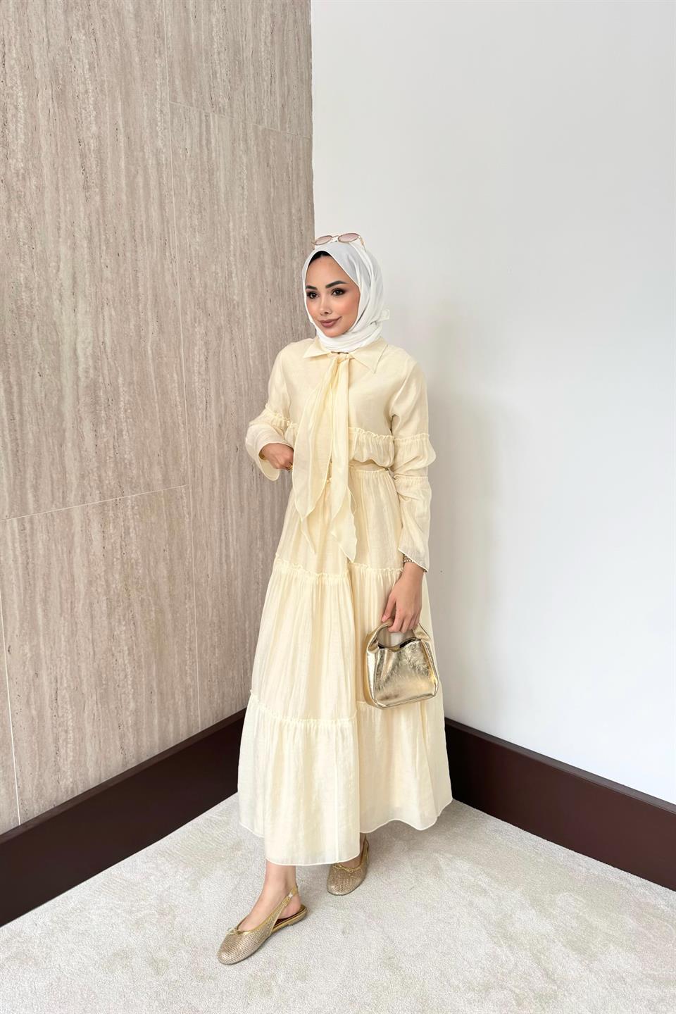 Fular Bağlamalı Vual Elbise - Bej
