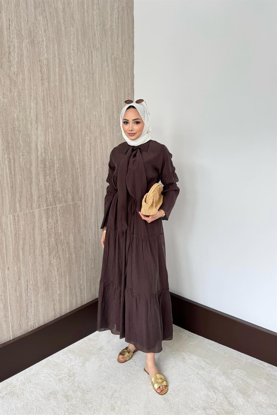 Fular Bağlamalı Vual Elbise - Kahve
