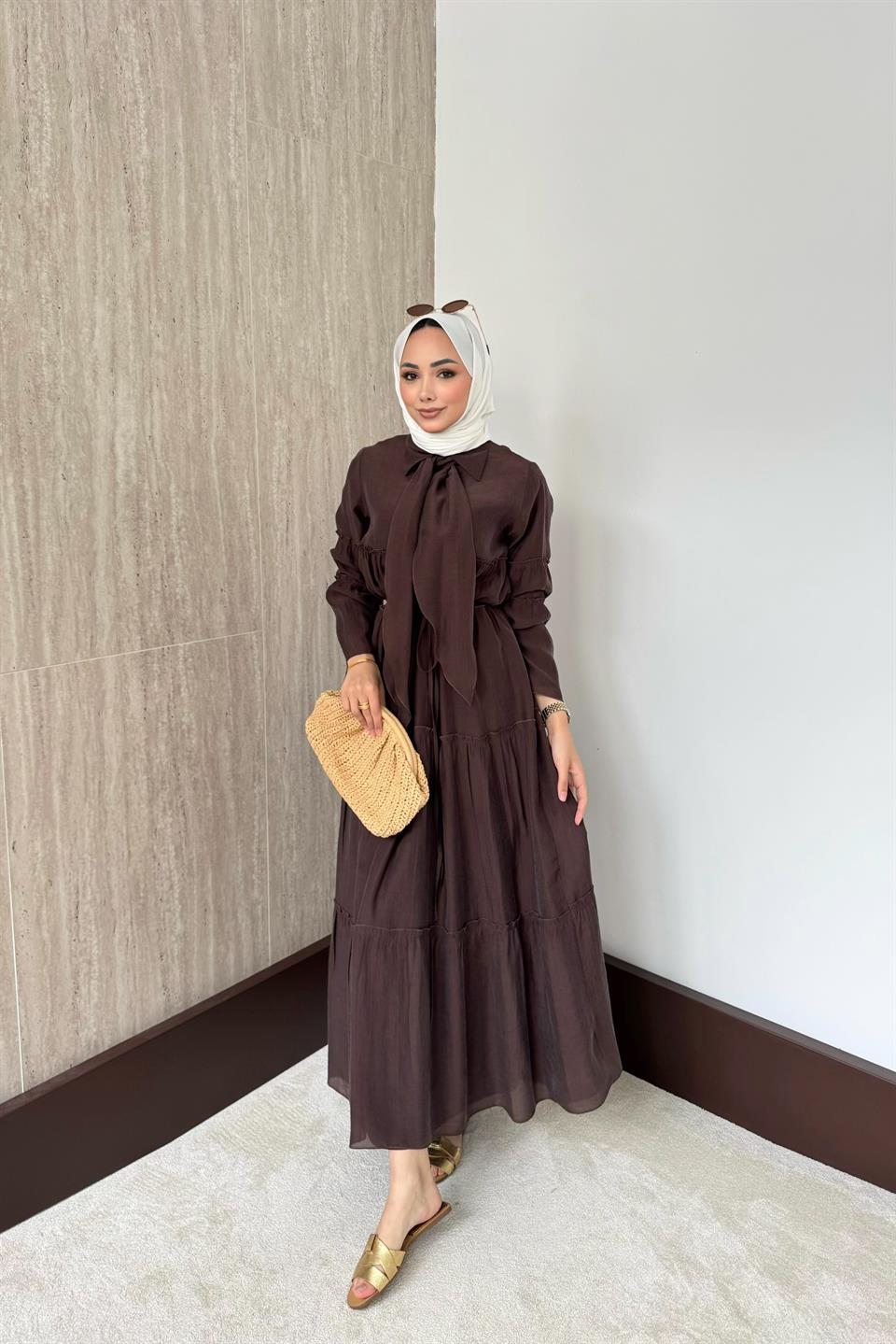 Fular Bağlamalı Vual Elbise - Kahve