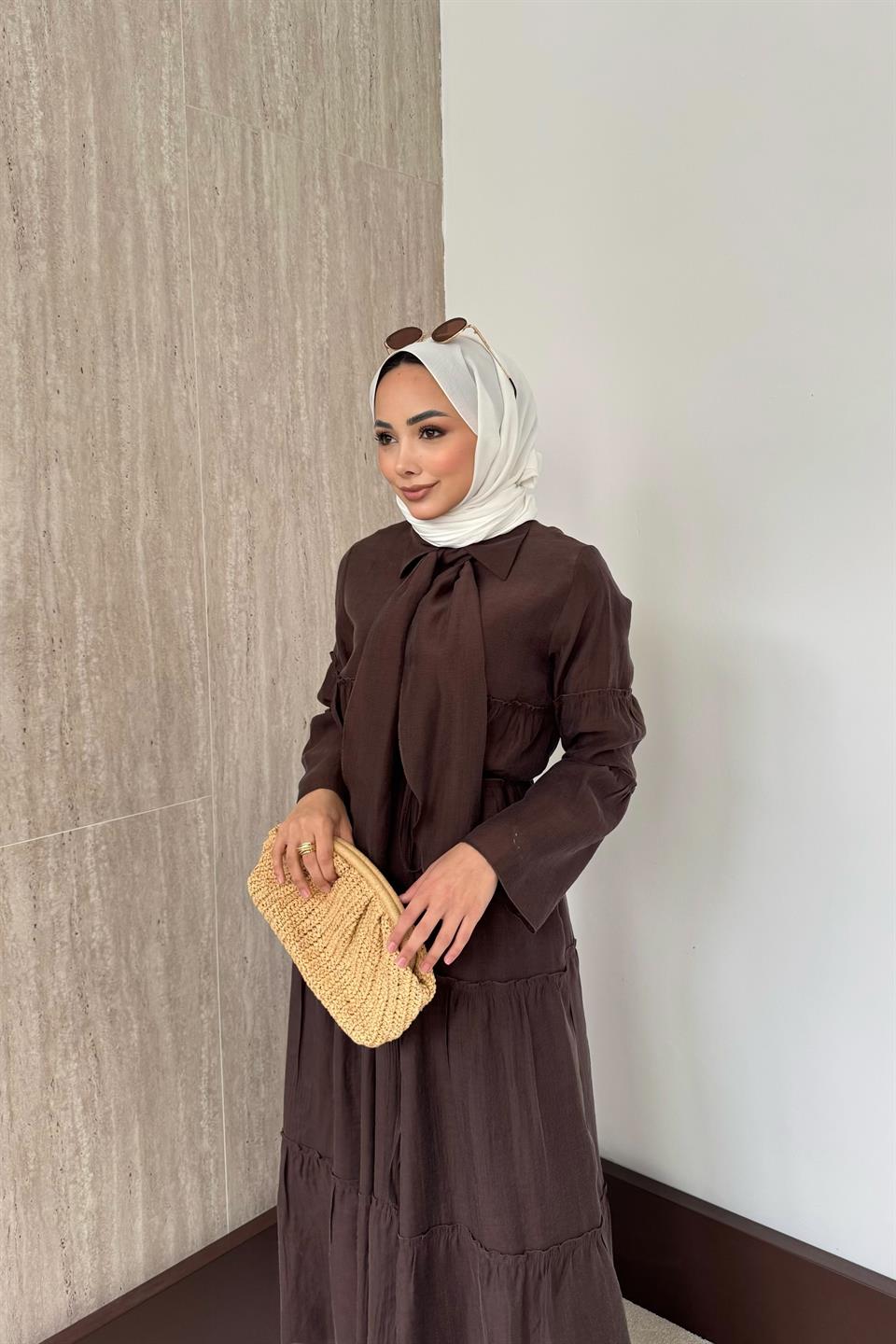 Fular Bağlamalı Vual Elbise - Kahve