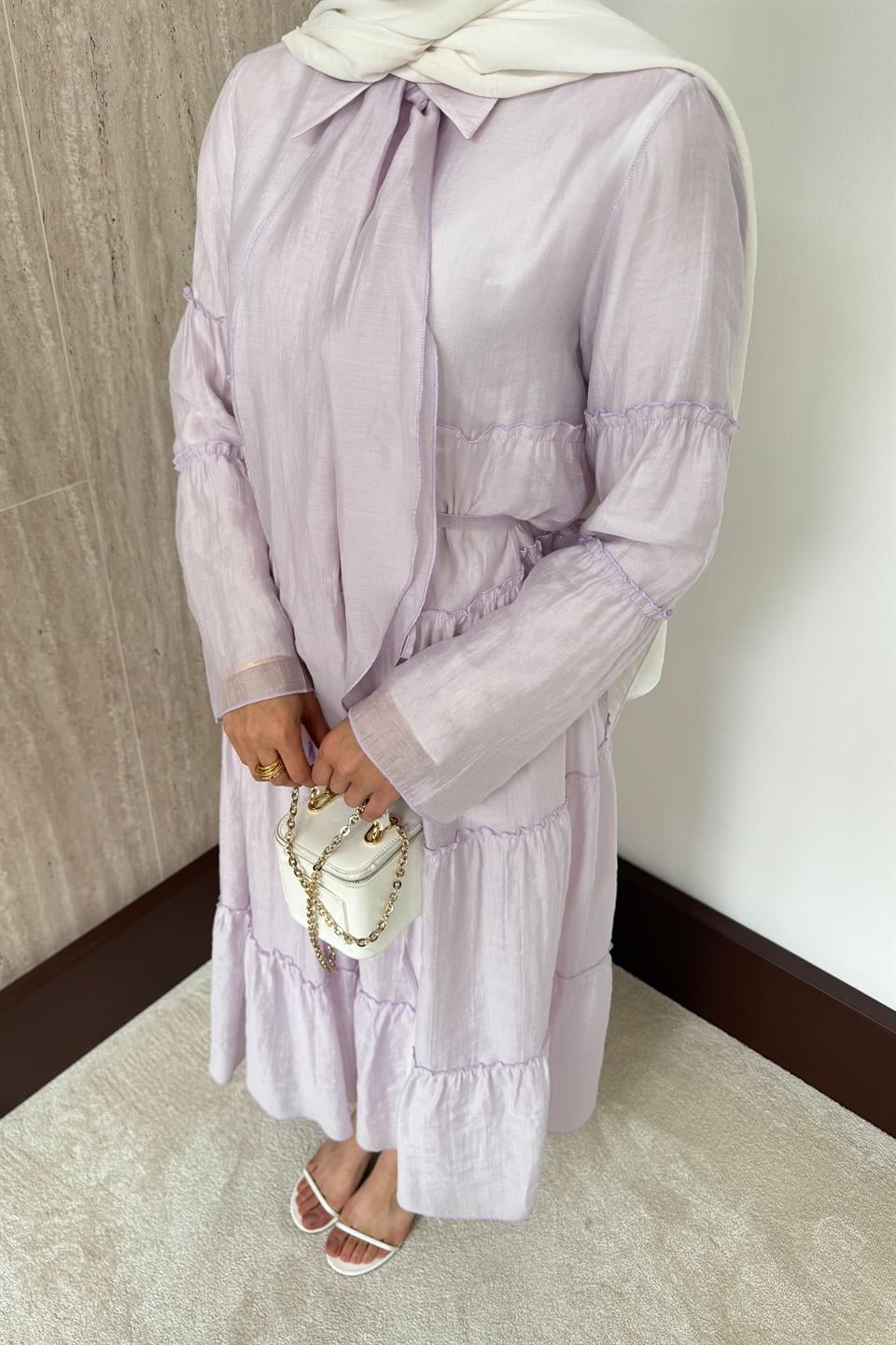 Fular Bağlamalı Vual Elbise - Lila