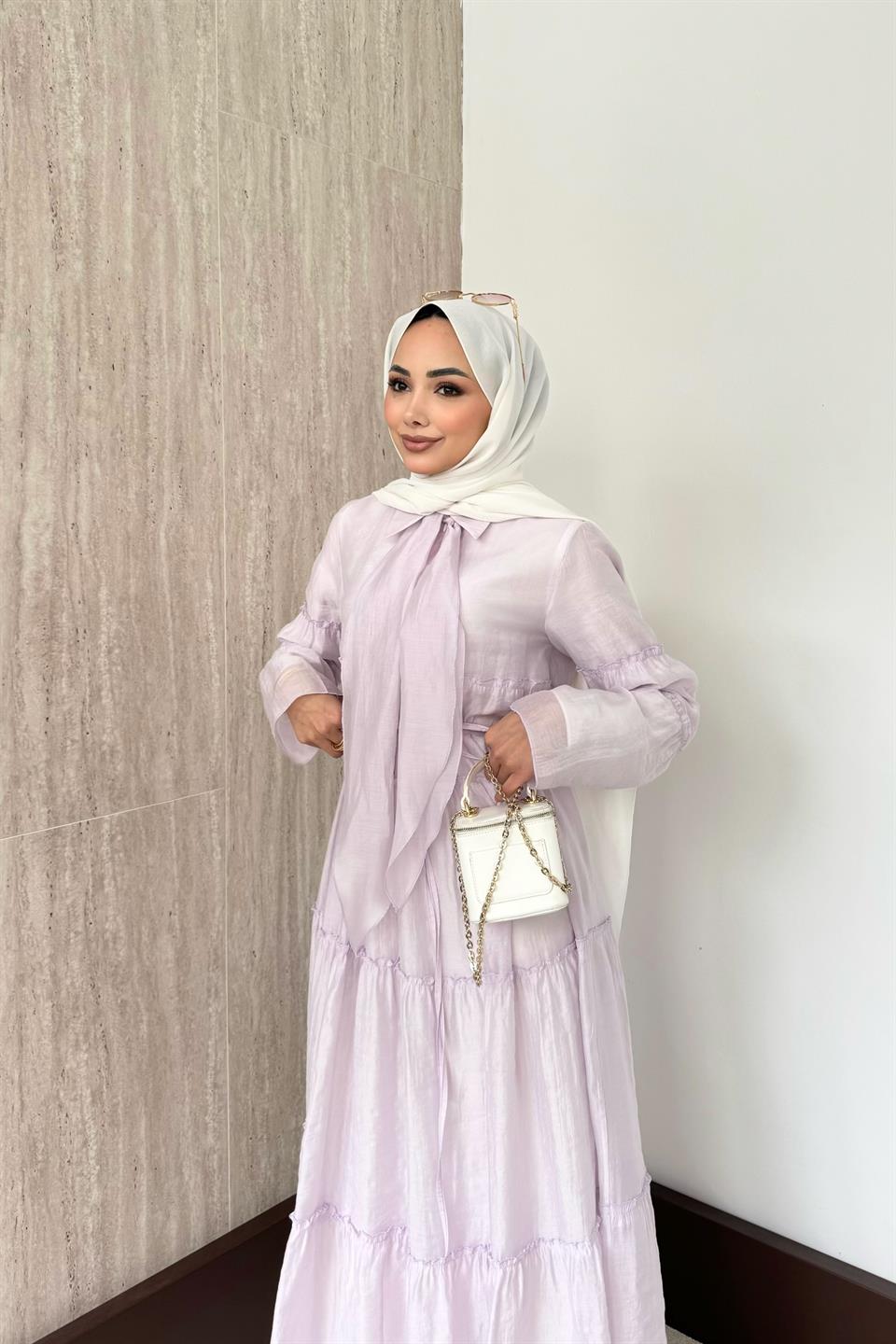 Fular Bağlamalı Vual Elbise - Lila