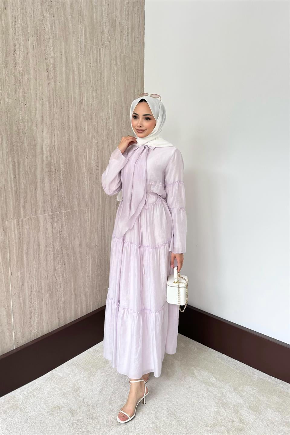 Fular Bağlamalı Vual Elbise - Lila
