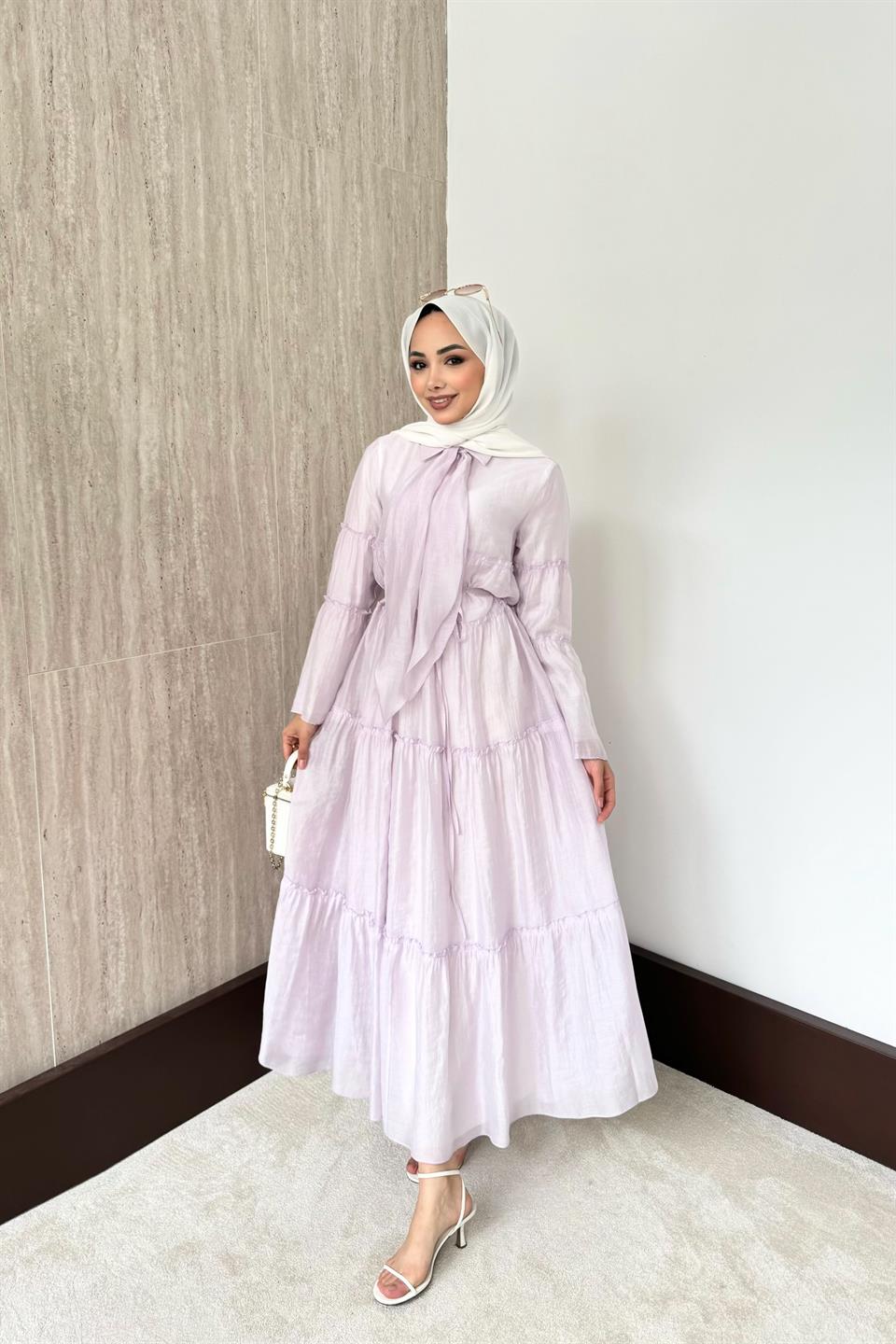 Fular Bağlamalı Vual Elbise - Lila