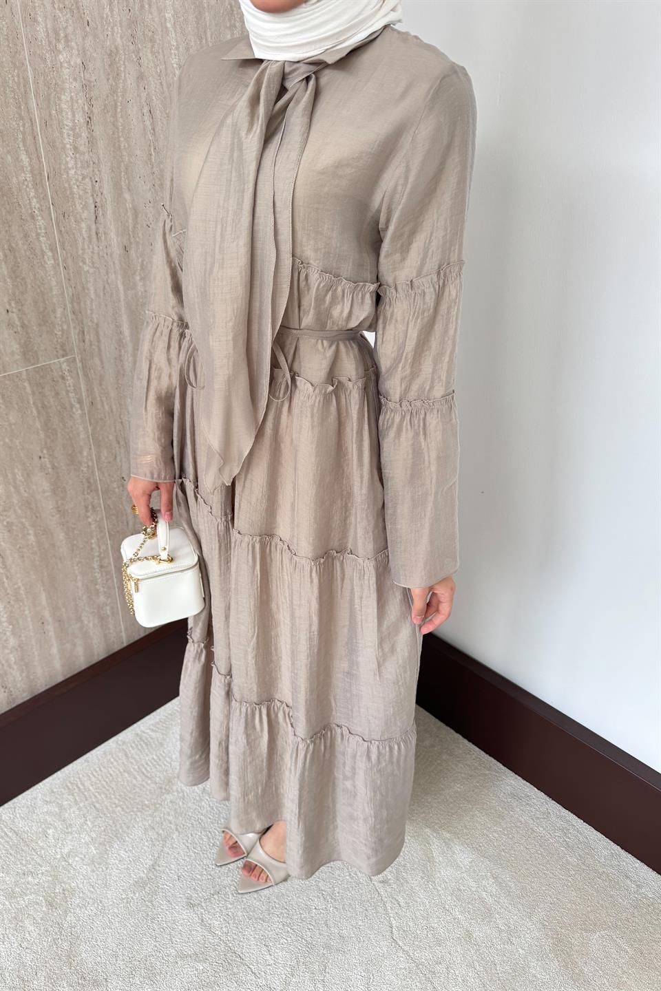 Fular Bağlamalı Vual Elbise - Vizon