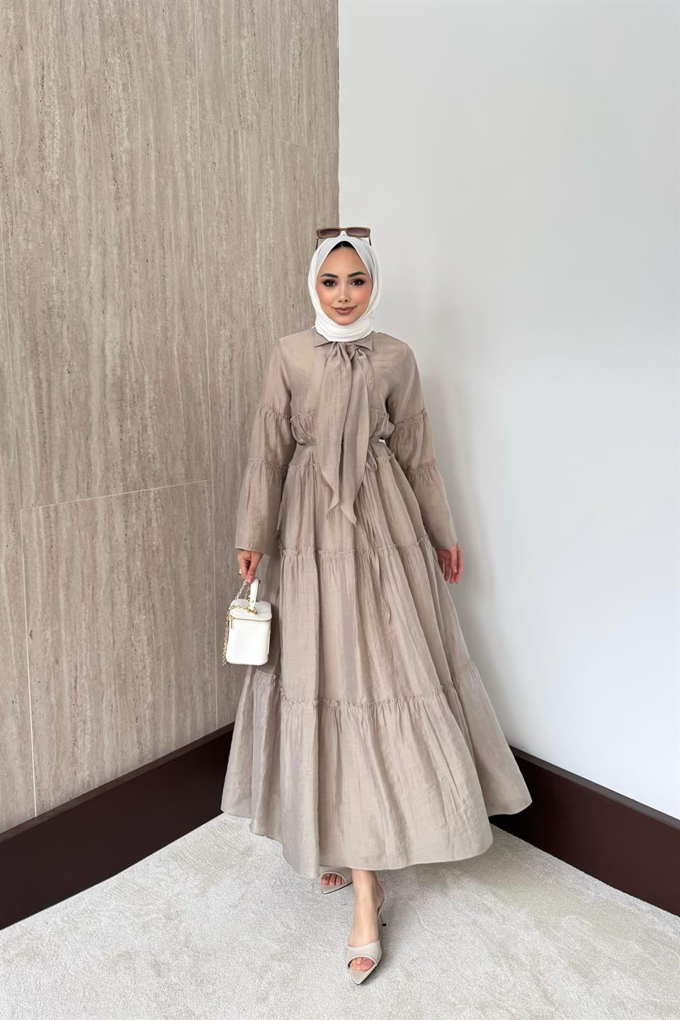 Fular Bağlamalı Vual Elbise - Vizon