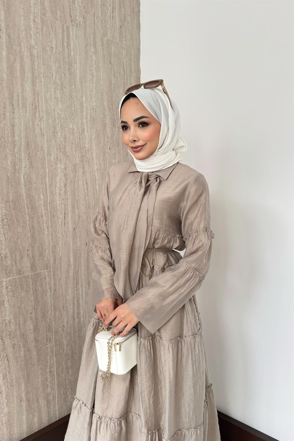 Fular Bağlamalı Vual Elbise - Vizon