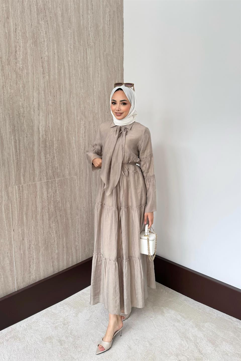 Fular Bağlamalı Vual Elbise - Vizon