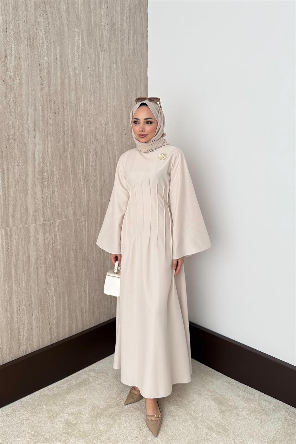 Gold Aksesuarlı Poplin Elbise - Bej