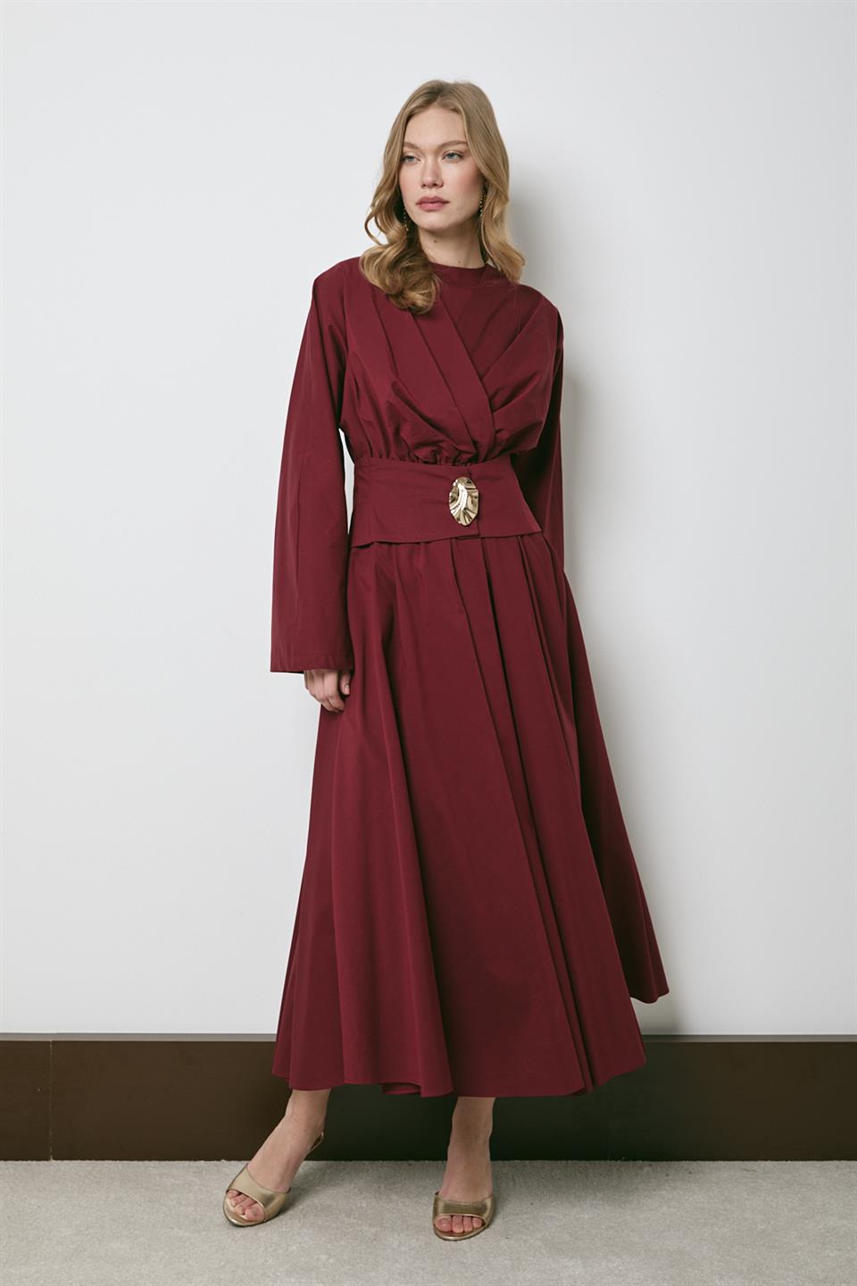 Gold Aksesuarlı Poplin Elbise - Bordo
