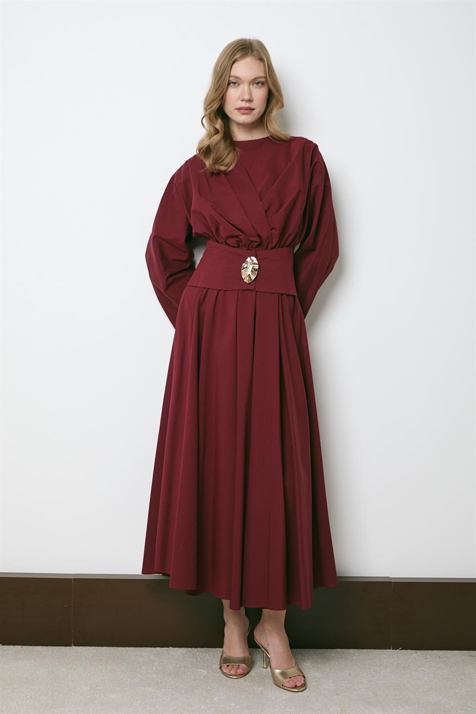 Gold Aksesuarlı Poplin Elbise - Bordo
