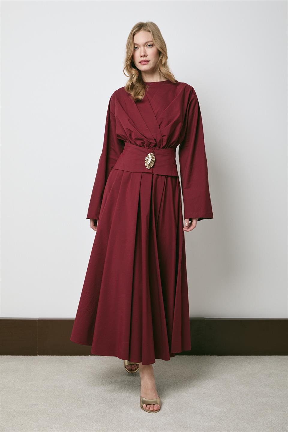 Gold Aksesuarlı Poplin Elbise - Bordo