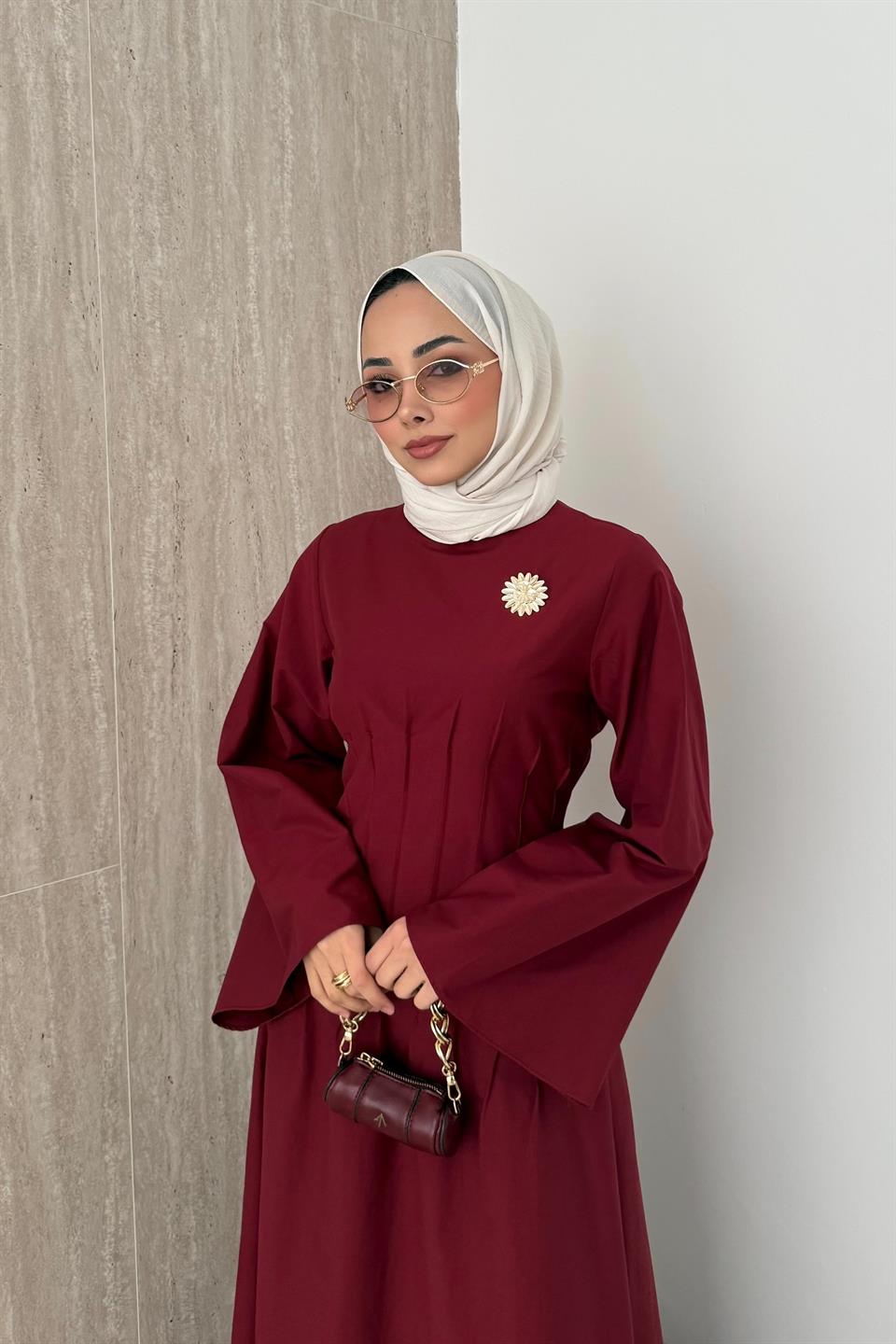 Gold Aksesuarlı Poplin Elbise - Bordo
