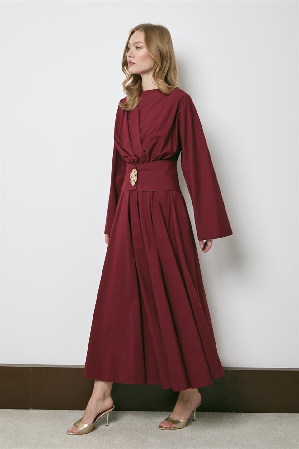 Gold Aksesuarlı Poplin Elbise - Bordo