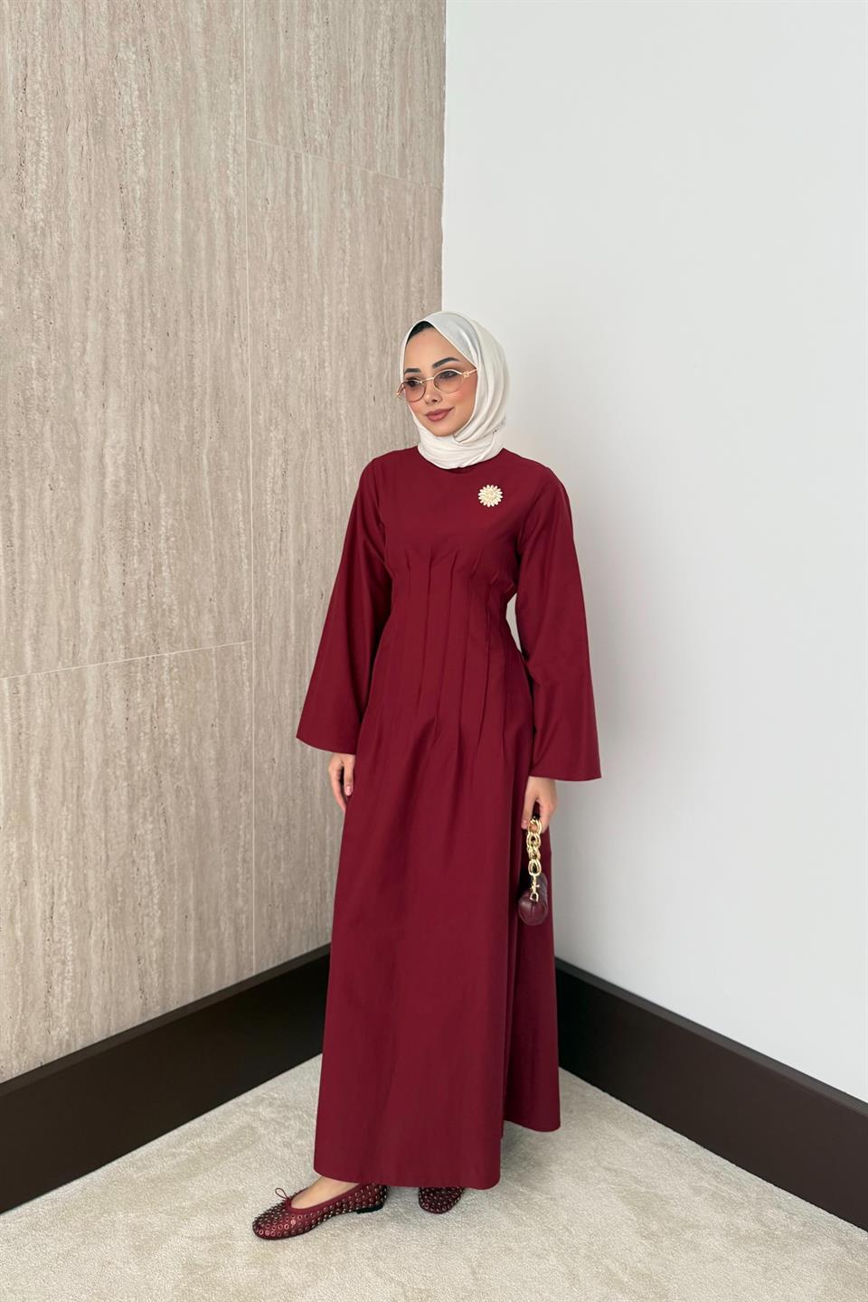 Gold Aksesuarlı Poplin Elbise - Bordo