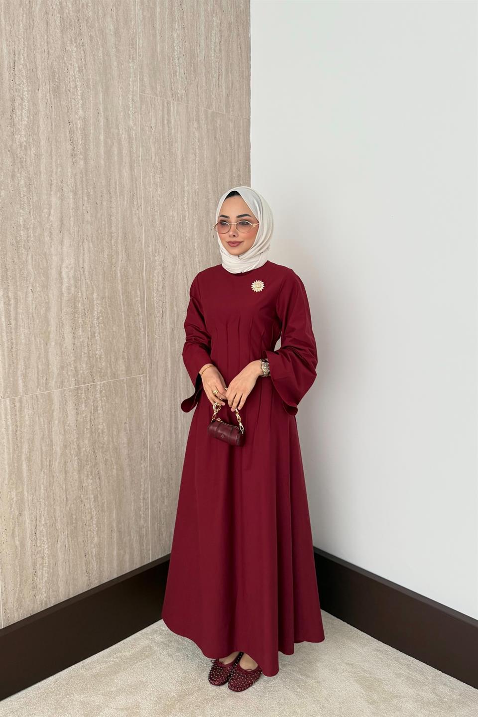 Gold Aksesuarlı Poplin Elbise - Bordo