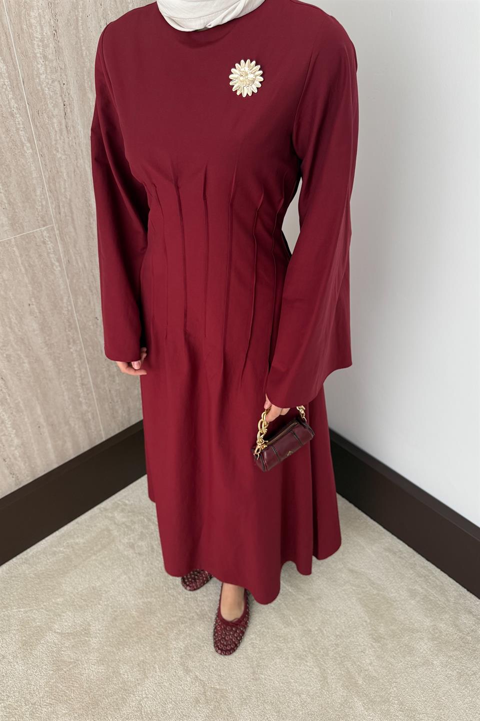 Gold Aksesuarlı Poplin Elbise - Bordo