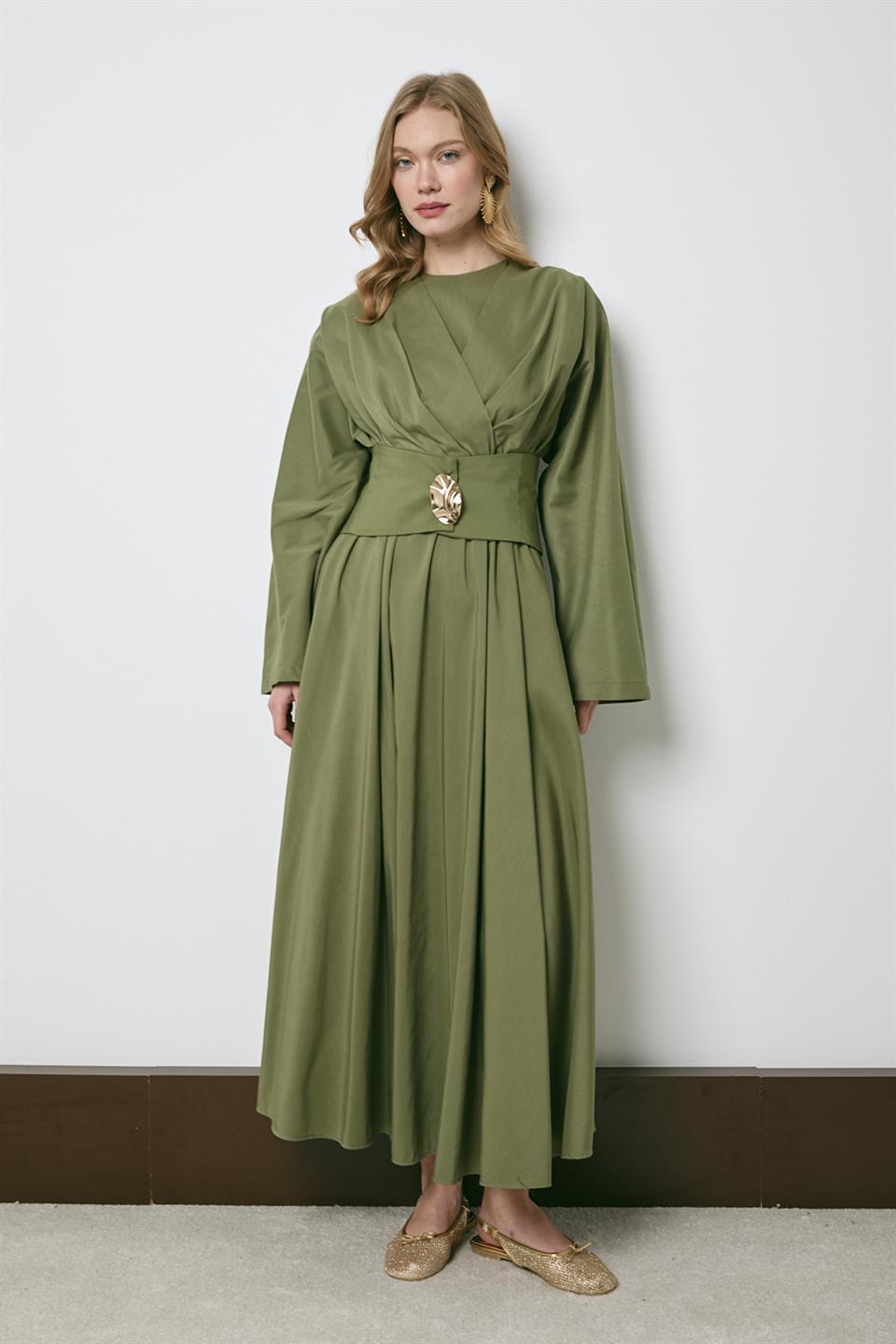 Gold Aksesuarlı Poplin Elbise - Haki