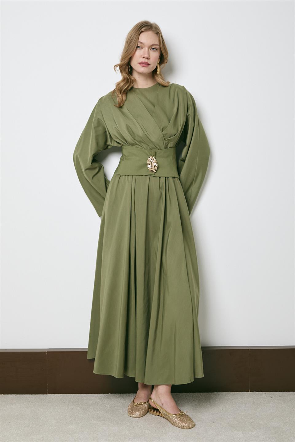 Gold Aksesuarlı Poplin Elbise - Haki