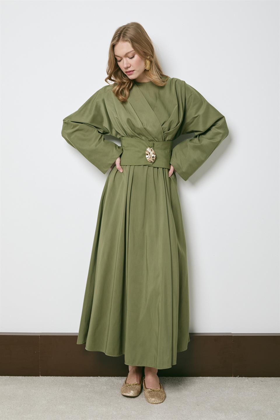 Gold Aksesuarlı Poplin Elbise - Haki