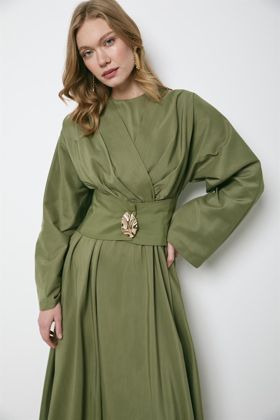 Gold Aksesuarlı Poplin Elbise - Haki