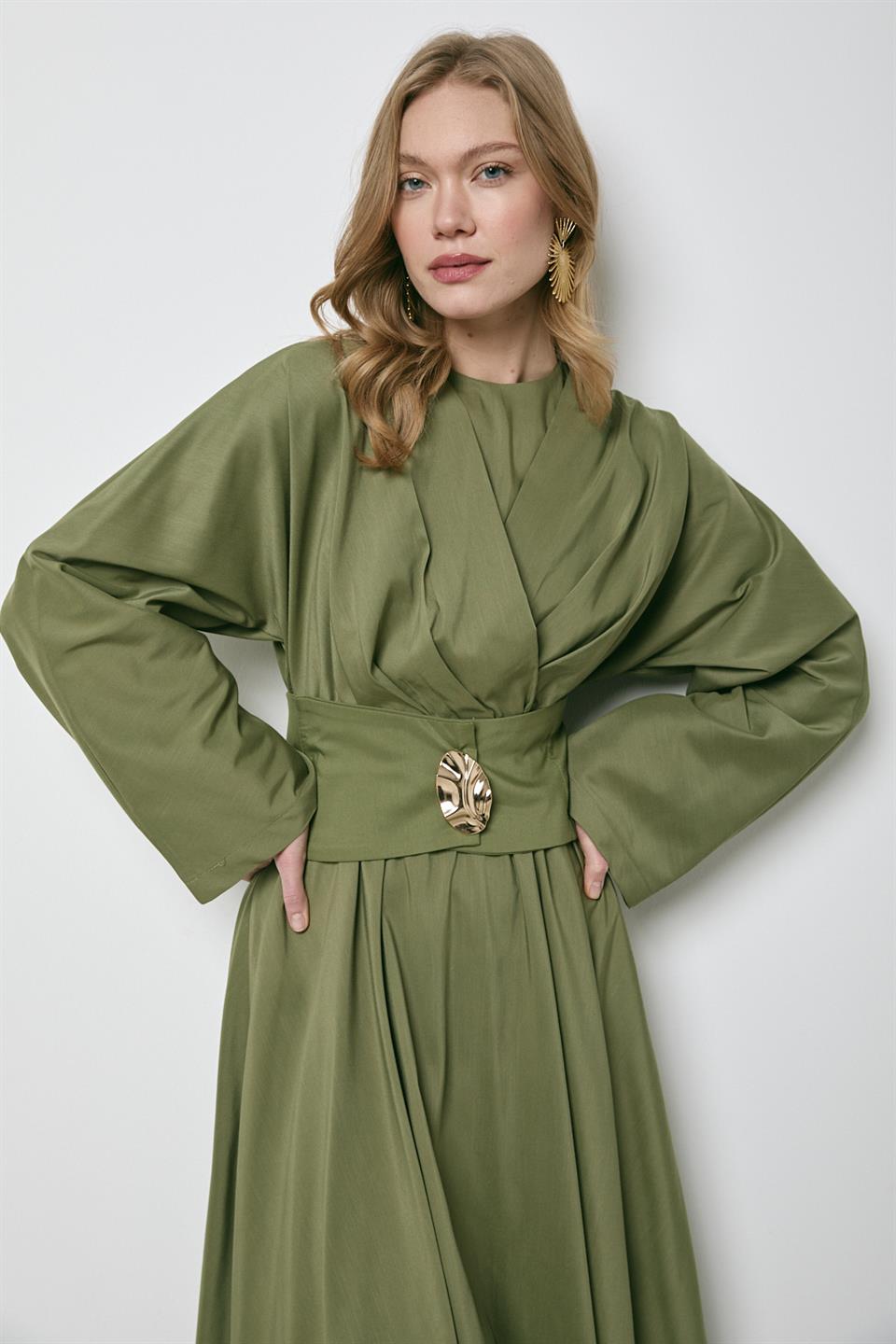 Gold Aksesuarlı Poplin Elbise - Haki