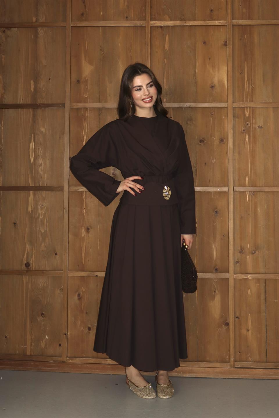 Gold Aksesuarlı Poplin Elbise - Kahve