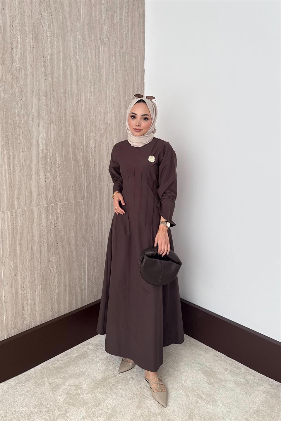 Gold Aksesuarlı Poplin Elbise - Kahve