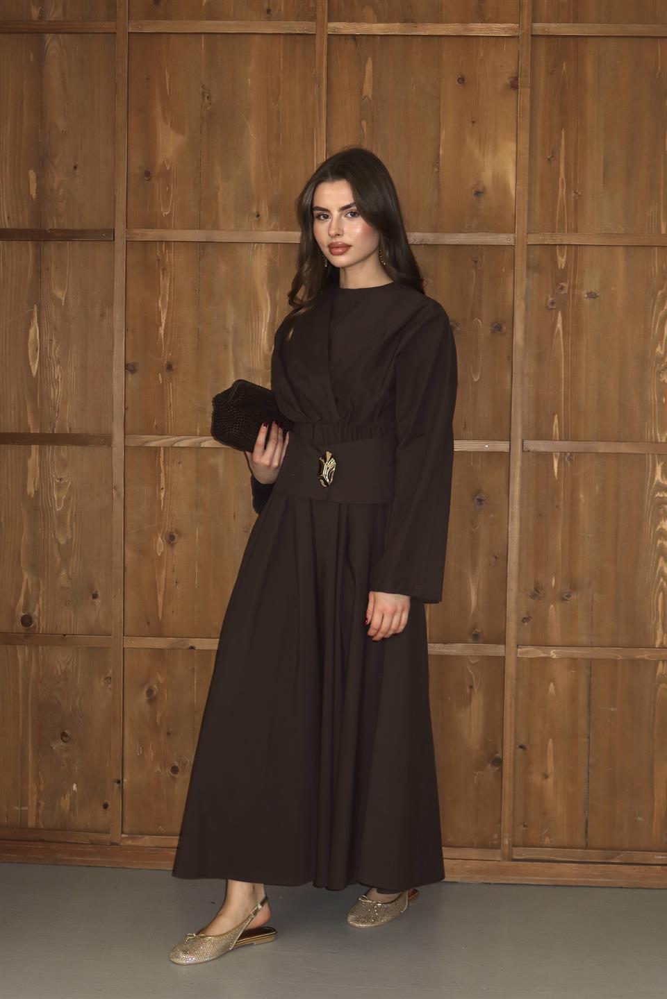 Gold Aksesuarlı Poplin Elbise - Kahve