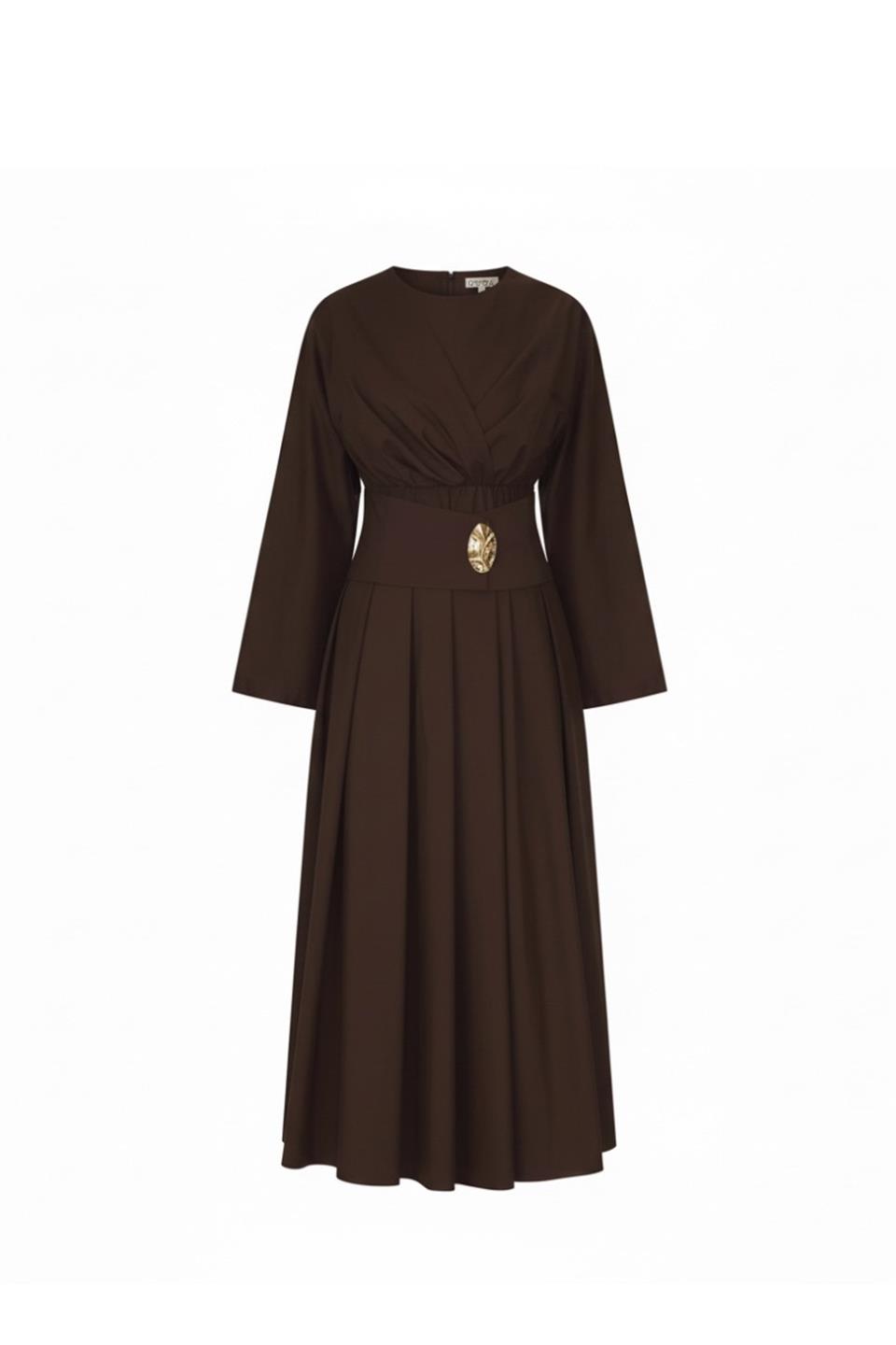 Gold Aksesuarlı Poplin Elbise - Kahve