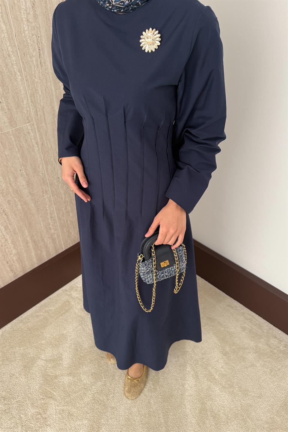 Gold Aksesuarlı Poplin Elbise - Lacivert