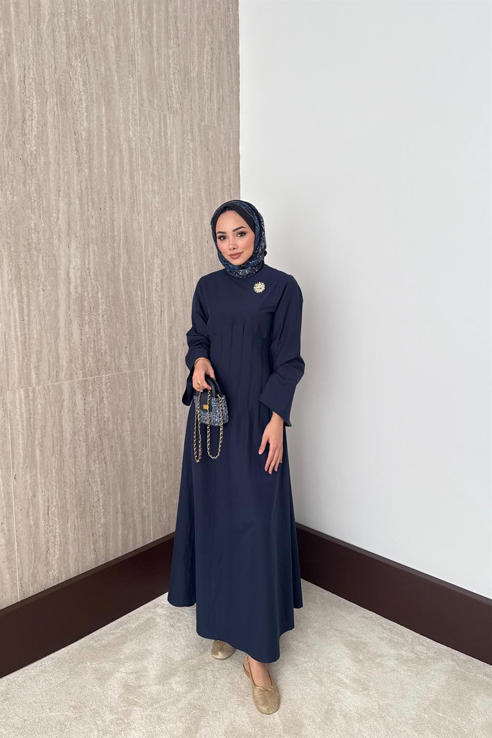 Gold Aksesuarlı Poplin Elbise - Lacivert