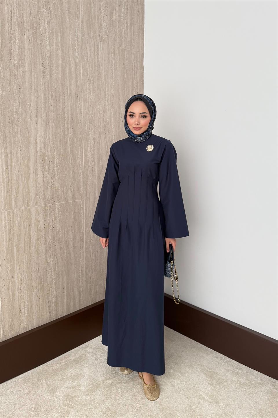Gold Aksesuarlı Poplin Elbise - Lacivert