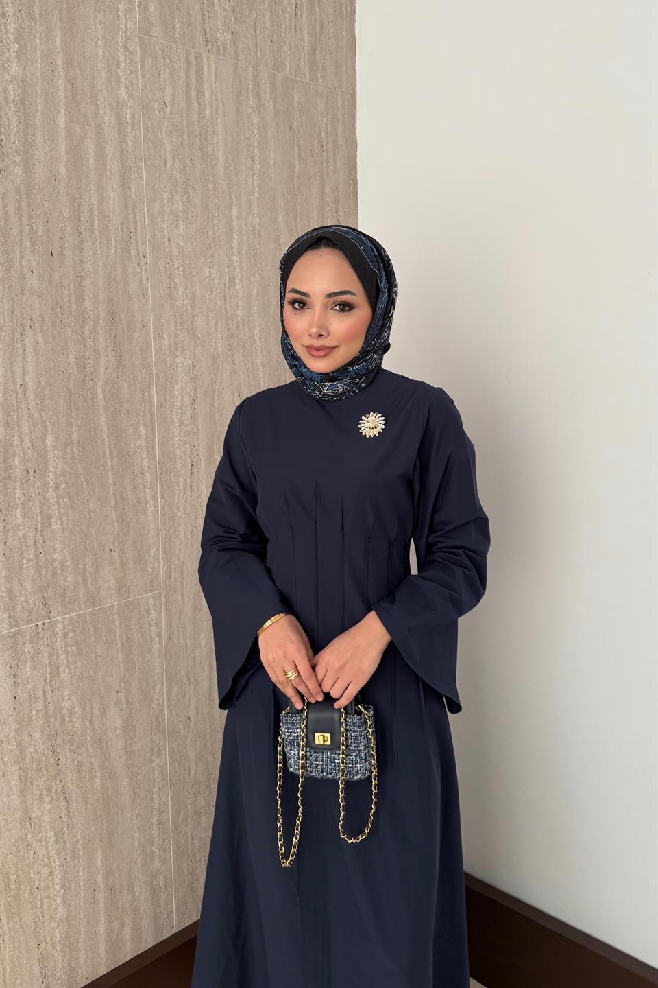 Gold Aksesuarlı Poplin Elbise - Lacivert