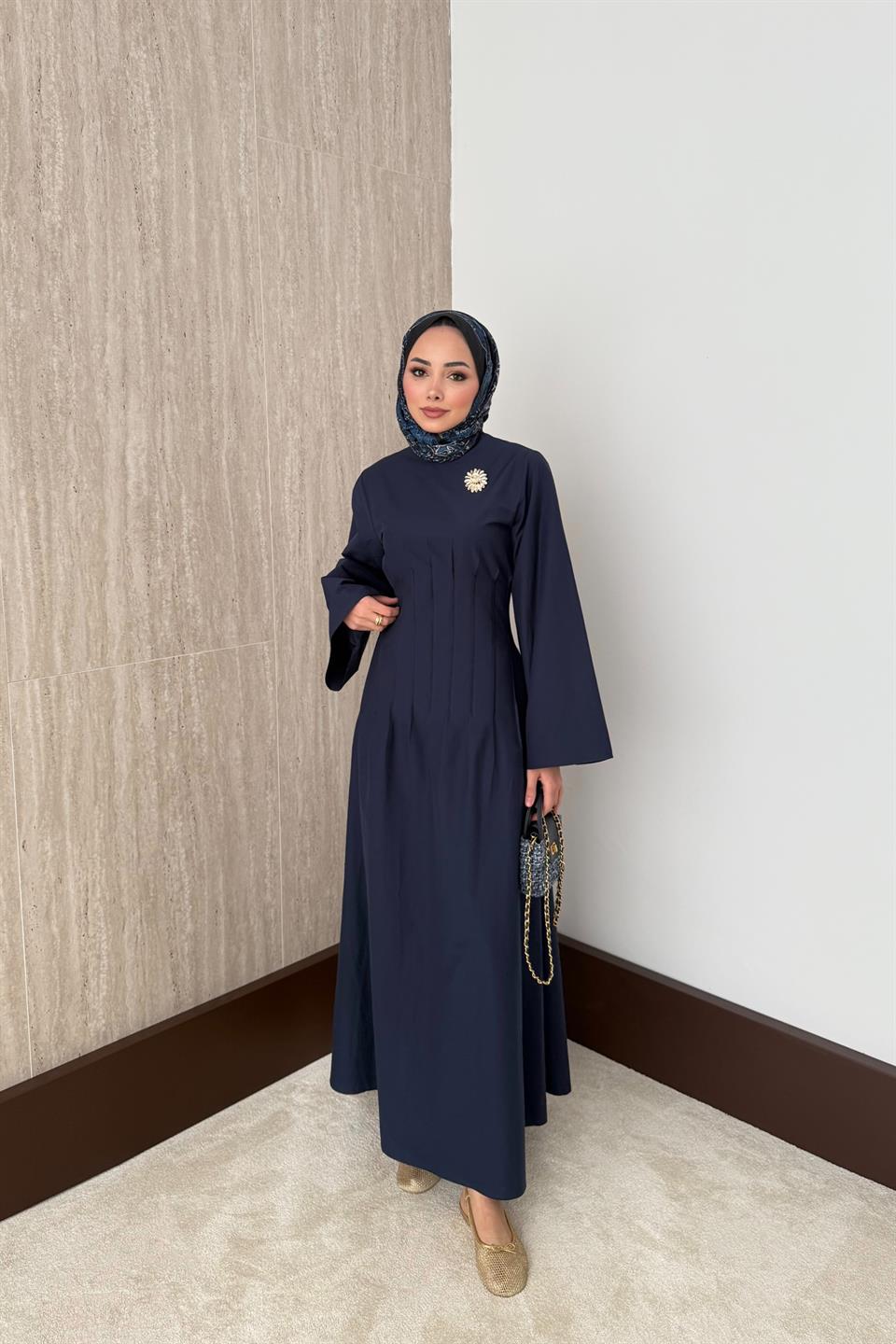 Gold Aksesuarlı Poplin Elbise - Lacivert