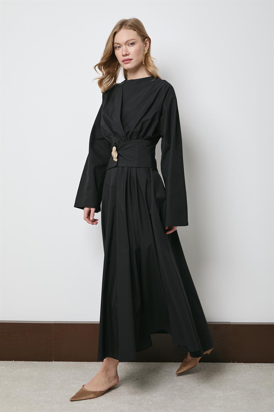 Gold Aksesuarlı Poplin Elbise - Siyah