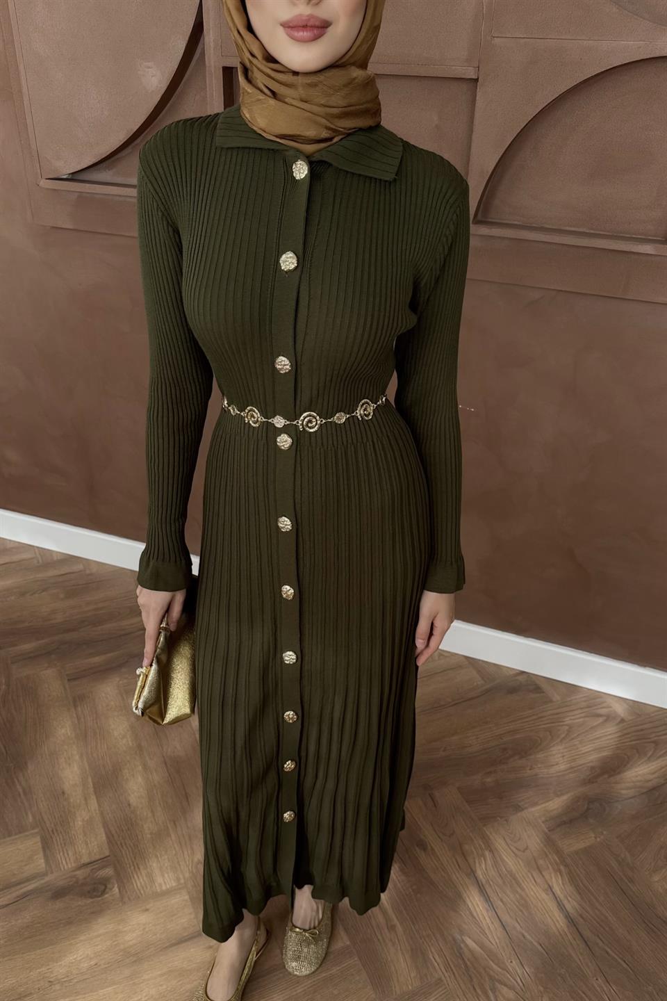 Gold Buttoned Knit Dress - Green