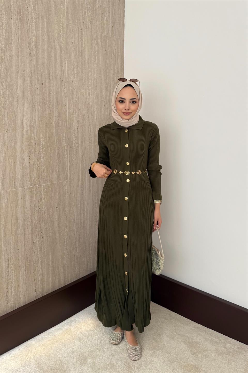 Gold Buttoned Knit Dress - Green