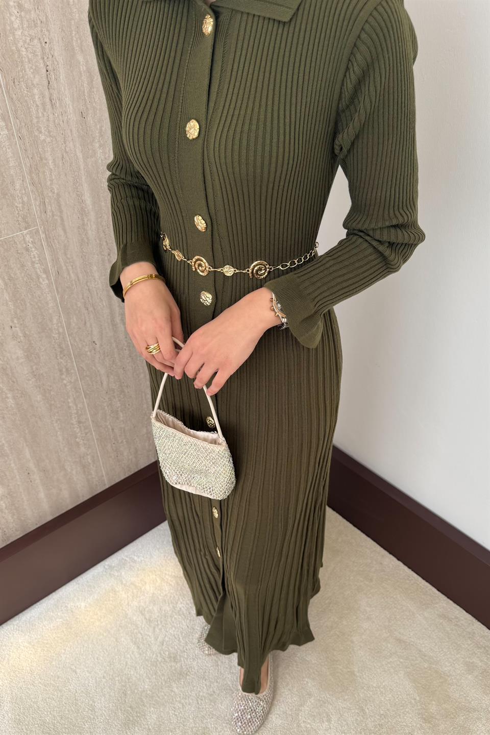 Gold Buttoned Knit Dress - Green
