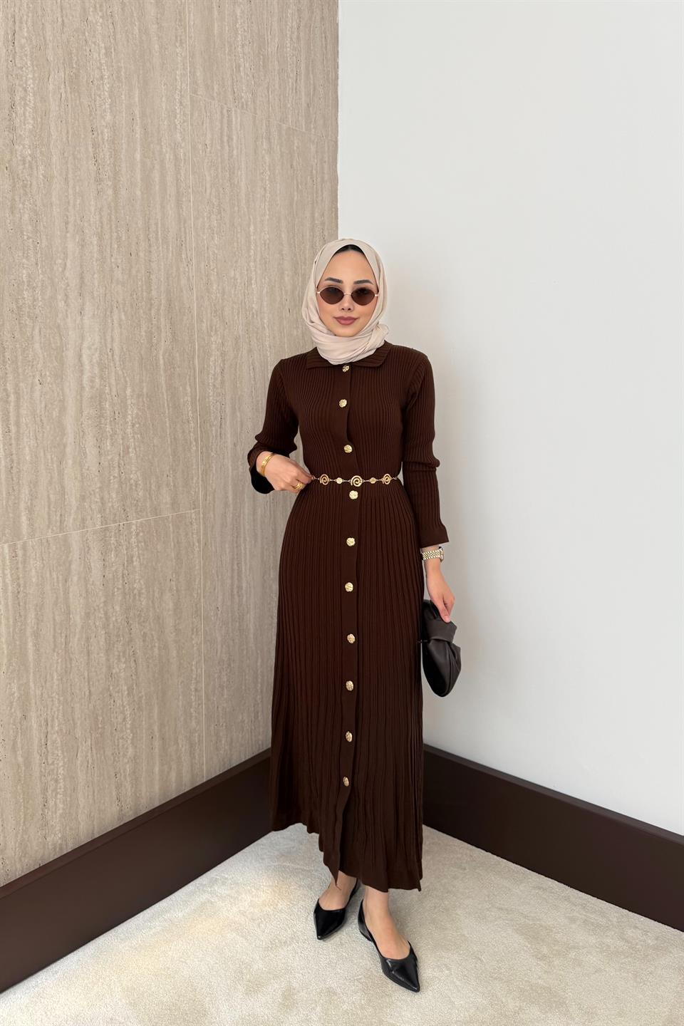 Gold Buttoned Knit Dress - Brown