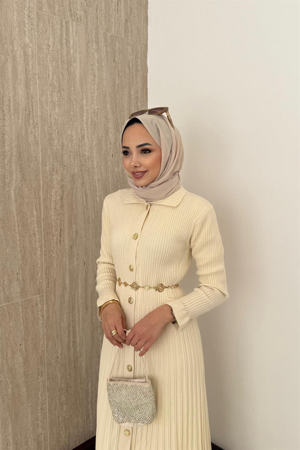 Gold Buttoned Knit Dress - Beige