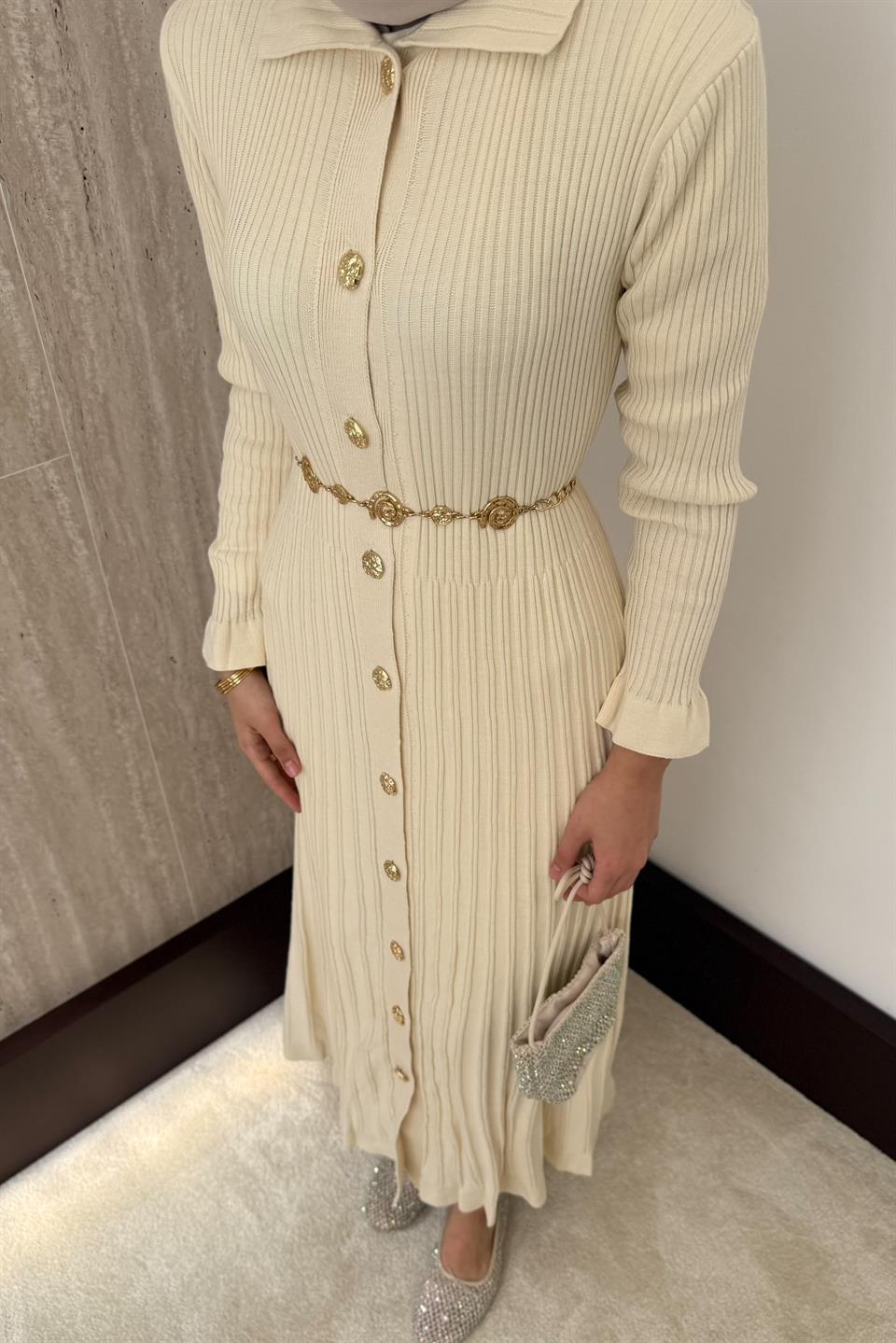 Gold Buttoned Knit Dress - Beige