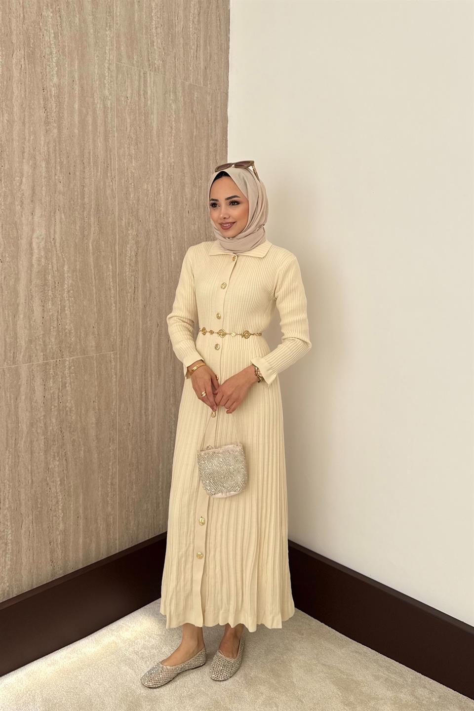 Gold Buttoned Knit Dress - Beige