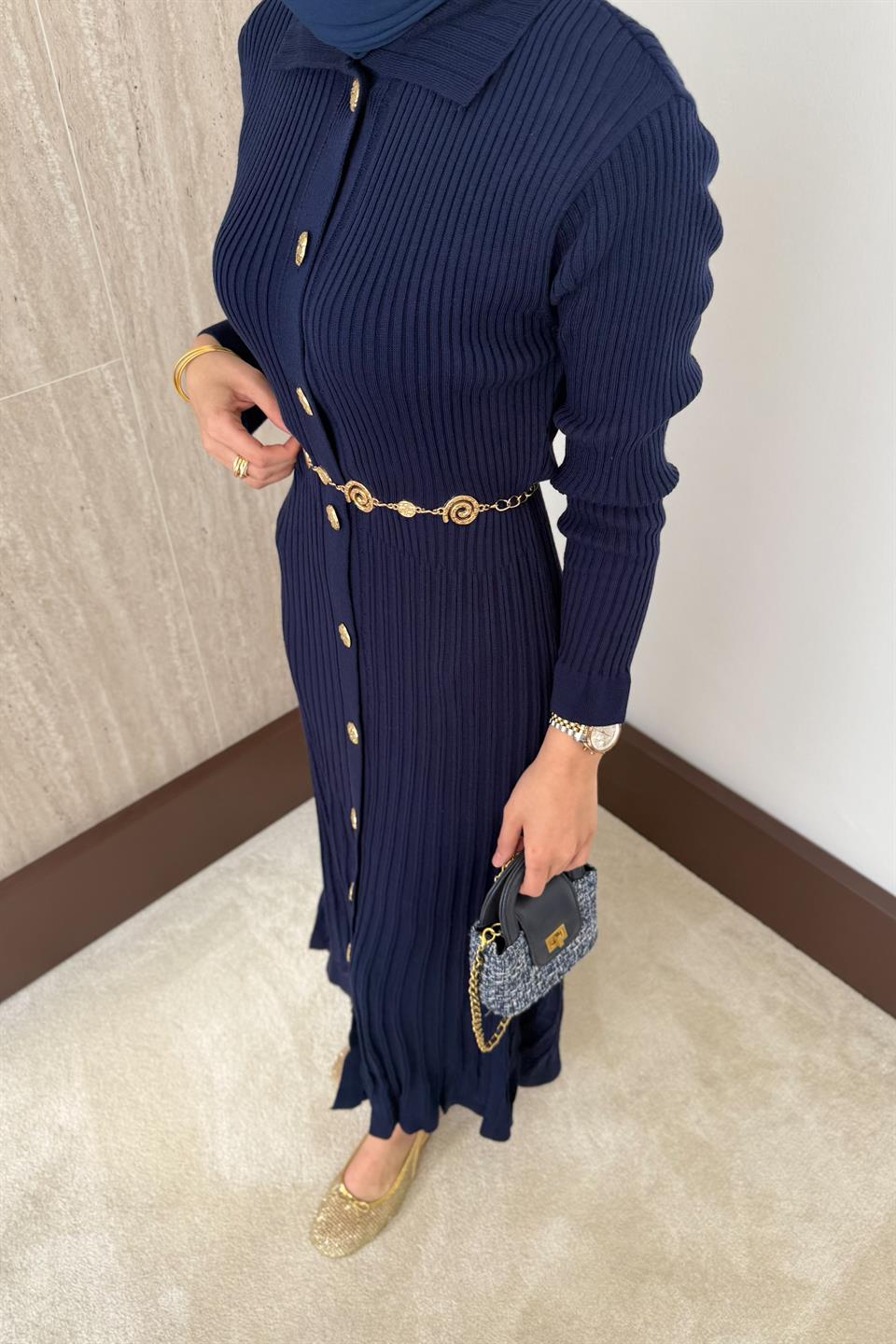 Gold Buttoned Knit Dress - Navy blue