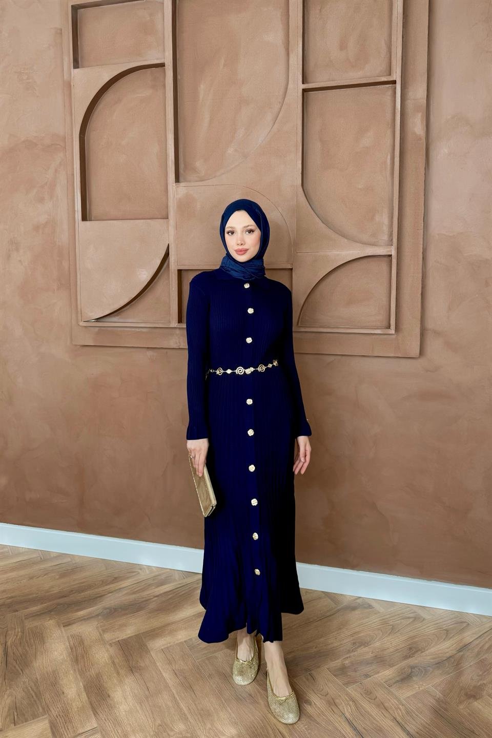 Gold Buttoned Knit Dress - Navy blue