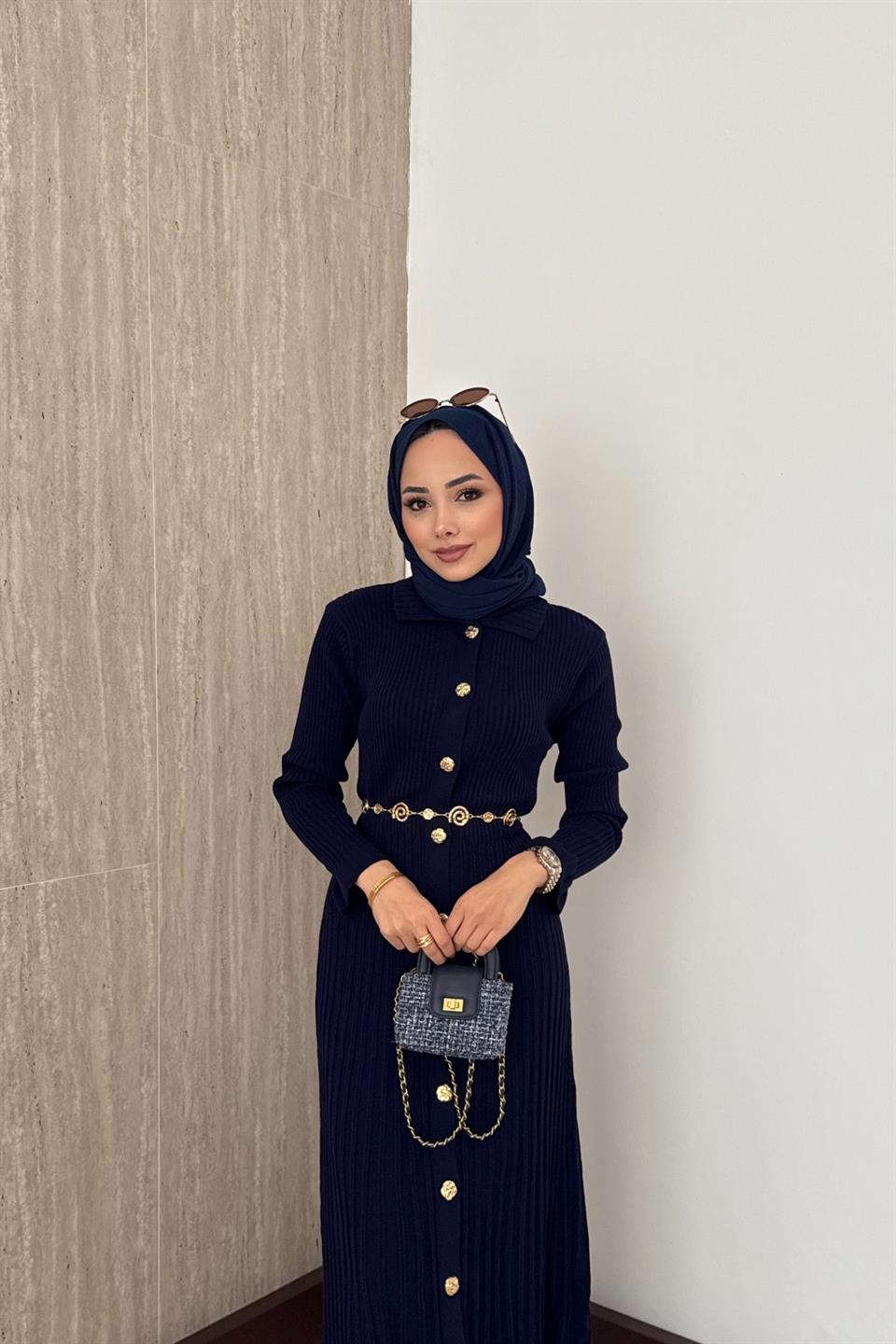 Gold Buttoned Knit Dress - Navy blue